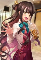 Rule 34 | 1girl, brown eyes, brown hair, bubble tea, check commentary, commentary request, drill hair, fangs, green ribbon, hair ribbon, holding, kantai collection, long hair, looking at viewer, minami ikkei, naganami (kancolle), red skirt, ribbon, shirt, skirt, solo, yellow ribbon
