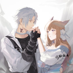 Rule 34 | 1boy, 1girl, absurdres, animal ears, warrior of light (ff14), black gloves, black shirt, brown hair, cat ears, closed mouth, commentary, commission, dress, final fantasy, final fantasy xiv, fingerless gloves, gloves, hair ribbon, hand on another&#039;s waist, hetero, highres, holding hands, jacket, long hair, looking at another, miqo&#039;te, neck tattoo, off-shoulder dress, off shoulder, parted lips, purple eyes, ribbon, rocher-hd, shirt, short hair, signature, slit pupils, tattoo, thancred waters, white dress, white hair, white jacket, white ribbon