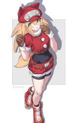 Rule 34 | 1girl, blonde hair, breasts, capcom, covered navel, fox tail, gloves, green eyes, legs, long hair, medium breasts, medium hair, mega man (series), mega man legends (series), open mouth, roll caskett (mega man), shorts, solo, tail, thighs, toned