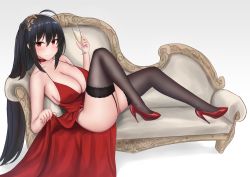 Rule 34 | 1girl, ahoge, alcohol, ass, azur lane, bare shoulders, black hair, black panties, black thighhighs, blush, breasts, champagne flute, choker, cleavage, clothes lift, collarbone, couch, cup, dress, dress lift, drinking glass, garter straps, hair between eyes, hair ornament, halter dress, halterneck, high heels, highres, holding, holding cup, huge breasts, knee up, large breasts, lifting own clothes, long hair, looking at viewer, nezumi7983, official alternate costume, panties, reclining, red dress, red eyes, red footwear, sidelocks, smile, solo, taihou (azur lane), taihou (forbidden feast) (azur lane), thighhighs, thighs, underwear, very long hair