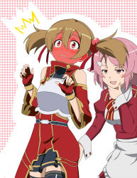 Rule 34 | 10s, 2girls, ^^^, apron, armor, ass, ass grab, bare shoulders, blush, breastplate, breasts, brown hair, dress, fingerless gloves, freckles, full-face blush, gloves, grabbing another&#039;s ass, groping, highres, kamelie, lisbeth (sao), medium breasts, multiple girls, pink eyes, pink hair, red eyes, short hair, short twintails, silica, skirt, surprised, sword art online, thighhighs, twintails