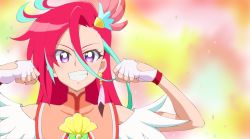 Rule 34 | 1girl, aqua hair, asymmetrical bangs, clenched hands, commentary request, cure flamingo, dress, earrings, feather earrings, feathers, fingerless gloves, flexing, gloves, grin, hair ornament, jewelry, kayabakoro, long hair, looking at viewer, magical girl, multicolored eyes, multicolored hair, pink eyes, precure, purple eyes, red dress, red hair, single earring, smile, solo, takizawa asuka, tropical-rouge! precure, two-tone hair, white gloves
