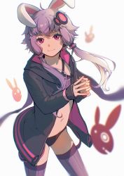Rule 34 | 1girl, absurdres, animal ears, black panties, flat chest, hair ornament, hair over shoulder, hairclip, highres, hood, hood down, hooded jacket, jacket, long hair, looking at viewer, low twintails, navel, open clothes, open jacket, panties, pine (yellowpine112), purple eyes, purple hair, purple thighhighs, rabbit ears, short hair with long locks, smile, solo, steepled fingers, thighhighs, twintails, underwear, vocaloid, voiceroid, yuzuki yukari