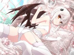 Rule 34 | 1girl, ass, bare shoulders, bed, breasts, cat hair ornament, demon wings, elbow gloves, female focus, flower, garter straps, gloves, hair ornament, hairclip, high heels, high school dxd, highres, legs, lingerie, looking back, lying, on stomach, panties, petals, pillow, revealing clothes, rose, rose petals, senran kagura, senran kagura new link, sexually suggestive, short hair, small breasts, smile, solo, spread legs, thick thighs, thighhighs, thighs, toujou koneko, underboob, underwear, underwear only, white footwear, white gloves, white hair, white panties, white thighhighs, wings, yaegashi nan, yellow eyes