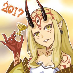 Rule 34 | blonde hair, cup, fate/grand order, fate (series), chalice, horns, ibaraki douji (fate), looking at viewer, oni, slit pupils, tattoo, yellow eyes