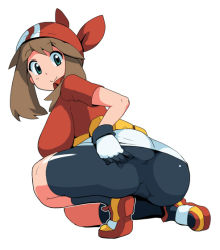 Rule 34 | 1girl, anus, ass, ass grab, bandana, bike shorts, blush, breasts, brown hair, clothes lift, creatures (company), game freak, grabbing own ass, huge ass, kneeling, large breasts, may (pokemon), nintendo, pokemon, pokemon rse, shorts, sideboob, skirt, skirt lift, smile, solo, spread ass, tamagoroo, thick thighs, thighs, white skirt, wide hips