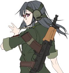 Rule 34 | 1girl, ak-74, assault rifle, bad id, bad twitter id, commentary, from behind, glasses, grey hair, gun, headphones, highres, holding, holding strap, kalashnikov rifle, korean commentary, long hair, looking at viewer, metro (jbcman0198), microphone, military, military uniform, original, purple eyes, red-framed eyewear, rifle, short sleeves, simple background, sketch, solo, uniform, upper body, weapon, weapon on back, white background