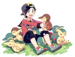 Rule 34 | 1boy, :d, alternate color, bad id, bad pixiv id, baseball cap, black hair, black pants, black shirt, blue eyes, blush, capri pants, commentary request, creatures (company), cyndaquil, ethan (pokemon), game freak, gen 2 pokemon, grass, grey footwear, grey headwear, hat, holding, holding pokemon, jacket, long sleeves, male focus, nintendo, open mouth, outstretched arms, pants, pokemon, pokemon (creature), pokemon hgss, red jacket, shiny and normal, shiny pokemon, shirt, shoes, short hair, sitting, smile, teeth, tongue, upper teeth only, white background, xichii