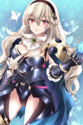 Rule 34 | 1girl, armor, armpits, ascot, black armor, black panties, breasts, bug, butterfly, cleavage, corrin (female) (fire emblem), corrin (female) (nohr noble) (fire emblem), corrin (fire emblem), fire emblem, fire emblem fates, fire emblem heroes, gauntlets, hairband, highres, insect, kirishima riona, long hair, looking at viewer, medium breasts, nintendo, official alternate costume, panties, red eyes, smile, solo, thighs, underwear, very long hair, white hair