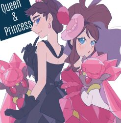 Rule 34 | 2girls, alternate color, bare shoulders, black dress, black gloves, blue eyes, brown hair, creatures (company), diancie, diantha (pokemon), diantha (sygna suit) (pokemon), dress, earrings, game freak, gen 6 pokemon, gloves, high ponytail, hilda (pokemon), hilda (special costume) (pokemon), hime (himetya105), jewelry, legendary pokemon, long hair, looking at another, multiple girls, mythical pokemon, nintendo, official alternate costume, pink dress, pokemon, pokemon (creature), pokemon masters ex, ponytail, shiny and normal, shiny pokemon, short hair, smile, white background