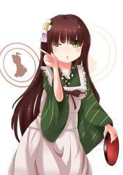 Rule 34 | 1girl, ;o, absurdres, ama usa an uniform, apron, ayatsuki (luna0707), blunt bangs, blush, breasts, brown hair, collarbone, commentary request, cowboy shot, flower, gochuumon wa usagi desu ka?, green eyes, green kimono, hair flower, hair ornament, highres, holding, holding tray, index finger raised, japanese clothes, kimono, long hair, long sleeves, looking at viewer, maid apron, one eye closed, open mouth, polka dot trim, rabbit, silhouette, small breasts, solo, standing, striped clothes, striped kimono, tray, ujimatsu chiya, white apron, white background, white flower, wide sleeves