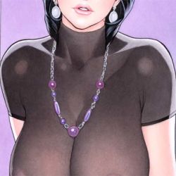 Rule 34 | 1girl, black hair, breasts, cleavage, earrings, head out of frame, impossible clothes, impossible shirt, izayoi seishin, jewelry, lowres, necklace, newscaster christina, original, see-through, shirt, skin tight, solo, yamasaki masato