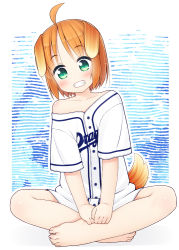 Rule 34 | 1girl, ahoge, animal ears, barefoot, blush, brown hair, chunichi dragons, collarbone, commentary request, dog ears, dog girl, dog tail, full body, green eyes, grin, inuarashi, leaning to the side, looking at viewer, meiko (inuarashi), nippon professional baseball, off shoulder, original, shirt, short hair, short sleeves, sitting, smile, solo, striped, striped background, tail, white shirt, wide sleeves