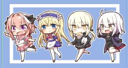 Rule 34 | 1boy, 2girls, absurdres, ahoge, androgynous, artoria pendragon (all), artoria pendragon (fate), astolfo (fate), astolfo (sailor paladin) (fate), black bow, blonde hair, blue eyes, blush, bow, braid, burger, chevalier d&#039;eon (fate), fang, fate/apocrypha, fate/grand order, fate/stay night, fate (series), food, french braid, fur trim, hair ribbon, highres, jako (jakoo21), jeanne d&#039;arc (fate), jeanne d&#039;arc (ruler) (fate), jeanne d&#039;arc alter (fate), jeanne d&#039;arc alter (ver. shinjuku 1999) (fate), long hair, multicolored hair, multiple girls, official alternate costume, open mouth, pink hair, purple eyes, red sailor collar, red skirt, ribbon, saber (fate), saber alter, saber alter (ver. shinjuku 1999) (fate), sailor collar, school uniform, serafuku, single braid, skirt, smile, streaked hair, trap, yellow eyes