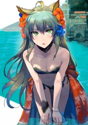 Rule 34 | 1girl, ahoge, alternate costume, animal ears, atalanta (fate), atalanta (formal dress) (fate), bare shoulders, bent over, bikini, blush, bracelet, breasts, closed mouth, collarbone, colored eyelashes, cowboy shot, day, fate (series), flower, hair between eyes, hair flower, hair ornament, hibiscus, highres, jewelry, long hair, looking at viewer, midriff, multicolored hair, nail polish, navel, ocean, open mouth, outdoors, partially submerged, purple hair, sarong, side-tie bikini bottom, small breasts, solo, stomach, swimsuit, thighs, two-tone hair, wading, walzrj, water, yellow eyes