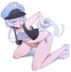 Rule 34 | 1girl, anal tail, animal hands, ass, bikini, black vest, blue archive, blue hat, blush, breasts, butt plug, claws, ddari, fake tail, fang, full body, gloves, grey bikini, grey gloves, grey hair, hat, highres, kneeling, long hair, open clothes, open mouth, open vest, paw gloves, peaked cap, simple background, small breasts, solo, swimsuit, tail, valkyrie police academy student (blue archive), vest, white background, yellow eyes
