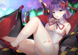Rule 34 | 1girl, absurdres, bare shoulders, bb (fate), bb (fate) (all), bb (swimsuit mooncancer) (fate), bb (swimsuit mooncancer) (third ascension) (fate), black coat, blush, breasts, coat, fate/grand order, fate (series), gloves, hair ribbon, highres, large breasts, leotard, long hair, long sleeves, looking at viewer, neck ribbon, open mouth, popped collar, purple eyes, purple hair, red ribbon, ribbon, solo, thighs, torn clothes, very long hair, white gloves, white leotard, yufou