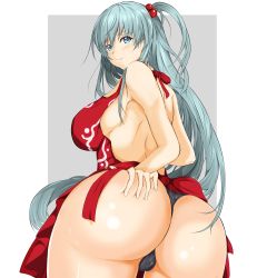 Rule 34 | 1girl, absurdres, apron, ass, ass grab, black panties, blue eyes, blush, breasts, deep skin, from behind, grabbing own ass, hair bobbles, hair ornament, highres, huge ass, kiseki (pixiv741925), large breasts, long hair, looking at viewer, looking back, nearly naked apron, panties, shinki (touhou), shiny skin, side ponytail, sideboob, solo, tears, thong, touhou, touhou (pc-98), underwear, very long hair