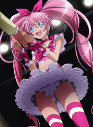 Rule 34 | 10s, 1boy, 1girl, conductor baton, blue eyes, bow, choker, cure melody, frilled skirt, frills, haruyama kazunori, heart, houjou hibiki, long hair, magical girl, midriff, no panties, open mouth, pink bow, pink hair, pink thighhighs, precure, skirt, suite precure, thighhighs, twintails, very long hair