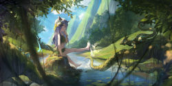 Rule 34 | 1girl, bare arms, bare legs, barefoot, blue eyes, blue hair, child, day, dragon girl, flower, forest, hair flower, hair ornament, hand to own mouth, highres, horns, leaf bikini, lily pad, lizard, long hair, looking at viewer, mountain, mushroom, nature, observerz, original, outdoors, river, scales, sitting, solo, splashing, tail, tree stump, water