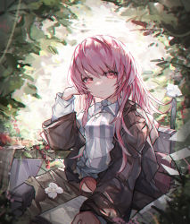 Rule 34 | 1girl, arknights, backlighting, black jacket, book, chair, character doll, closed mouth, collared shirt, detached wings, energy wings, exusiai (arknights), grey shirt, halo, hand on own head, highres, holding, holding book, jacket, lemuen (arknights), long hair, long sleeves, looking at viewer, off shoulder, open book, open clothes, open jacket, oreshki, pink eyes, pink hair, shirt, sitting, smile, solo, striped clothes, striped shirt, table, vertical-striped clothes, vertical-striped shirt, wings