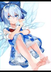 Rule 34 | 1girl, absurdres, barefoot, bloomers, blouse, blue dress, blue eyes, blue hair, blue ribbon, bow, cirno, dress, dress shirt, feet, female focus, hair bow, highres, ice, ice wings, nagatsuki take, red bow, red ribbon, ribbon, shirt, short hair, simple background, sitting, smile, soles, solo, toes, touhou, underwear, white background, white shirt, wings
