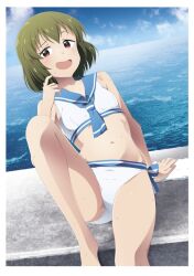 Rule 34 | 1girl, arm support, bare shoulders, bikini, blue neckerchief, blue sailor collar, blush, breasts, cloud, collarbone, day, dot nose, green hair, hand up, idolmaster, idolmaster million live!, idolmaster million live! theater days, kabayaki unagi, knee up, levee, looking at viewer, midriff, nagayoshi subaru, navel, neckerchief, ocean, open mouth, outdoors, red eyes, sailor bikini, sailor collar, sailor swimsuit (idolmaster), short hair, shy, side-tie bikini bottom, sitting, sky, small breasts, smile, solo, sweatdrop, swimsuit, towel, wavy mouth, white bikini, white towel