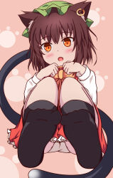 Rule 34 | 1girl, :o, animal ear fluff, animal ears, ass, blush, bow, bowtie, brown hair, cat ears, cat tail, chen, commentary request, dress, earrings, fang, feet, foot focus, furagu, hands up, hat, highres, jewelry, knees up, looking at viewer, mob cap, multiple tails, nekomata, open mouth, panties, petite, pink background, red dress, red eyes, simple background, single earring, sitting, skirt, socks, solo, tail, touhou, two tails, underwear, upskirt
