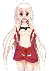 Rule 34 | 1girl, absurdres, ahoge, black shirt, blush, breasts, chiya (urara meirochou), clothes lift, cold, cowboy shot, embarrassed, fangs, floating hair, hair between eyes, highres, lifted by self, long hair, midriff, muren k1ht, navel, open mouth, red eyes, red ribbon, ribbon, shirt, shirt lift, silver hair, simple background, sleeveless, sleeveless shirt, small breasts, solo, standing, stomach, tears, underboob, urara meirochou, very long hair, white background