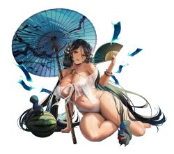 Rule 34 | 1girl, ahoge, artist request, bari (destiny child), black hair, blue hair, blue nails, bracelet, breasts, destiny child, food, fruit, hair ornament, hand fan, holding, holding fan, huge breasts, jewelry, lips, long hair, low twintails, multicolored hair, nail polish, official art, ofuda, oil-paper umbrella, one-piece swimsuit, parted lips, sitting, squirrel, swimsuit, toenail polish, toenails, transparent background, twintails, umbrella, very long hair, watermelon, white one-piece swimsuit, yellow eyes