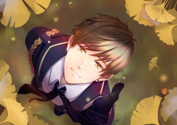 Rule 34 | 1boy, 1kokaze, absurdres, arm up, bai qi (love and producer), black gloves, black neckwear, brown eyes, brown hair, ear piercing, from above, ginkgo leaf, gloves, highres, leaf, looking at viewer, love and producer, male focus, necktie, outdoors, outstretched arms, piercing, standing, uniform