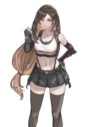 Rule 34 | 1girl, bare shoulders, black gloves, black hair, black skirt, black thighhighs, breasts, cleavage, clenched hand, closed mouth, crop top, elbow gloves, final fantasy, final fantasy vii, final fantasy vii remake, fingerless gloves, gloves, hand on own hip, hand up, highres, legs apart, long hair, looking at viewer, low-tied long hair, medium breasts, miniskirt, navel, pleated skirt, red eyes, simple background, skirt, solo, sports bra, square enix, suru (seiya), suspender skirt, suspenders, tank top, thighhighs, tifa lockhart, very long hair, white background, zettai ryouiki