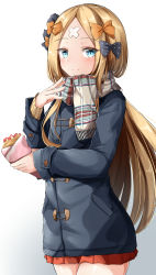Rule 34 | 1girl, abigail williams (fate), absurdres, bandaid, bandaid on face, bandaid on forehead, black bow, black jacket, blonde hair, blue eyes, blush, bow, casual, closed mouth, contemporary, crepe, crossed bandaids, fate/grand order, fate (series), food, food wrapper, forehead, fruit, gradient background, hair bow, highres, jacket, long hair, long sleeves, looking at viewer, moyoron, orange bow, orange skirt, parted bangs, plaid, plaid scarf, pleated skirt, polka dot, polka dot bow, scarf, skirt, smile, solo, strawberry, white background