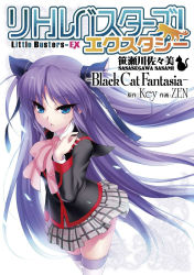 Rule 34 | 1girl, animal ears, blue eyes, bow, bowtie, cat, cat ears, cover, cover page, grey skirt, hair ornament, highres, lace, lace-trimmed legwear, lace trim, lennon, little busters!, logo, long hair, looking at viewer, official art, open mouth, pink bow, pink bowtie, plaid, plaid skirt, purple hair, ribbon, sasasegawa sasami, school uniform, skirt, solo, text focus, thighhighs, twintails, two side up, very long hair, zen, zettai ryouiki