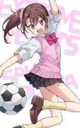 Rule 34 | 1girl, arm up, text background, ball, black skirt, bow, bowtie, brown footwear, brown hair, commentary, extreme hearts, hair between eyes, hair ornament, hair scrunchie, highres, jumping, kodaka saki, legs, long hair, long sleeves, looking at viewer, miniskirt, open mouth, outstretched arm, pink bow, pink bowtie, pink scrunchie, pink vest, pleated skirt, purple eyes, scrunchie, shirt, shoes, side ponytail, sidelocks, skirt, smile, soccer ball, socks, solo, somechime (sometime1209), thighs, v-shaped eyebrows, vest, white background, white shirt, wing collar, yellow socks