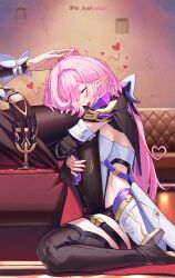 Rule 34 | 2girls, absurdres, artist name, black gloves, black thighhighs, blush, breasts, closed eyes, couch, cup, detached sleeves, dyadyadya, eden (honkai impact), elysia (honkai impact), elysia (miss pink elf) (honkai impact), gloves, headpat, heart, highres, holding, holding cup, honkai (series), honkai impact 3rd, hugging another&#039;s leg, medium breasts, medium hair, multiple girls, on couch, open mouth, pink hair, pointy ears, sideboob, single glove, sitting, spoken heart, thighhighs, thighs, twitter username, wariza, yuri