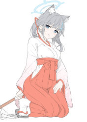 Rule 34 | 1girl, animal ear fluff, animal ears, blue archive, blue eyes, blush, breasts, cross hair ornament, extra ears, full body, gohei, grey hair, hair ornament, hakama, hakama skirt, halo, highres, holding, holding gohei, japanese clothes, kimono, kneeling, long sleeves, looking at viewer, masabodo, medium breasts, parted lips, red skirt, sandals, shiroko (blue archive), simple background, skirt, socks, solo, white background, white kimono, white socks, zouri