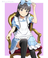 Rule 34 | 1girl, alice (alice in wonderland), alice (alice in wonderland) (cosplay), alice in wonderland, apron, armchair, black hair, black thighhighs, blue dress, blue hairband, blush, bow hairband, brown eyes, chair, commentary request, cosplay, dress, hairband, hiyori mizuki, long hair, looking at viewer, original, puffy short sleeves, puffy sleeves, short sleeves, sitting, smile, solo, thighhighs, white apron