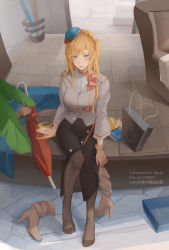 Rule 34 | 1girl, armchair, bad id, bad pixiv id, bag, black pantyhose, black skirt, blazer, blonde hair, blue eyes, blue headwear, blush, boots, unworn boots, braid, breasts, brown footwear, brown gloves, chair, closed mouth, french braid, full body, gloves, unworn gloves, grey jacket, highres, holding, holding boots, holding clothes, holding footwear, jacket, legs, lips, long hair, looking at viewer, medium breasts, neck ribbon, pantyhose, pencil skirt, pink ribbon, ribbon, richelieu (warship girls r), rifu (643763873), shirt, side ponytail, simple background, single glove, sitting, skirt, solo, toes, umbrella, warship girls r, white shirt