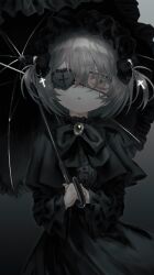 Rule 34 | 1girl, absurdres, black background, black bow, black bowtie, black dress, black headwear, black theme, bonnet, bow, bowtie, brooch, center frills, cowboy shot, dress, eyepatch, frilled dress, frills, gothic lolita, grey eyes, grey hair, hair between eyes, highres, holding, holding umbrella, jewelry, lolita fashion, long sleeves, looking at viewer, nia (x x02), one eye covered, original, own hands together, short hair, sidelocks, simple background, slit pupils, solo, straight-on, umbrella