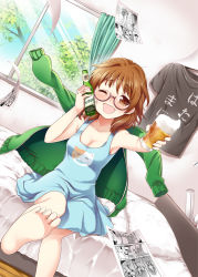 Rule 34 | 10s, 1girl, :d, ;d, alcohol, araki hina, barefoot, bed, bed sheet, beer, blue sky, blush, bottle, breasts, brown eyes, brown hair, cleavage, day, dress, feet, glass, glasses, idolmaster, idolmaster cinderella girls, indoors, looking at viewer, medium breasts, mitsuki meia, on bed, one eye closed, open mouth, pillow, pilsner urquell, plant, short hair, sitting, sky, smile, soles, solo, toes, tree, window