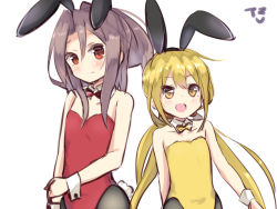 Rule 34 | 10s, 2girls, amano kouki, animal ears, bare shoulders, blonde hair, bow, bowtie, brown eyes, rabbit ears, rabbit tail, detached collar, fake animal ears, flat chest, hair between eyes, kantai collection, leotard, light brown hair, long hair, looking at viewer, low twintails, multiple girls, open mouth, pantyhose, playboy bunny, ponytail, satsuki (kancolle), simple background, smile, tail, twintails, white background, wrist cuffs, yellow eyes, zuihou (kancolle)
