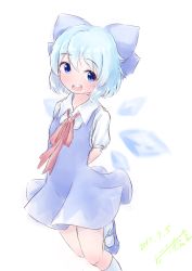 Rule 34 | 1girl, artist name, blue dress, blue eyes, blue footwear, blue hair, blue ribbon, cirno, collared shirt, dated, dress, female focus, flat chest, hair ribbon, happy, highres, katsura dendou, kneehighs, leg up, looking to the side, mary janes, neck ribbon, open mouth, pinafore dress, puffy short sleeves, puffy sleeves, red ribbon, ribbon, shirt, shoes, short hair, short sleeves, sidelocks, signature, simple background, sketch, sleeveless, sleeveless dress, smile, socks, solo, standing, standing on one leg, teeth, touhou, white background, white shirt, white socks