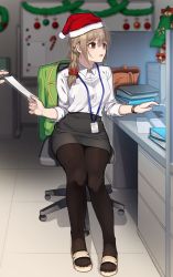 Rule 34 | 1girl, bra visible through clothes, braid, bralines, breasts, brown eyes, brown hair, chair, christmas, full body, hat, highres, id card, idolmaster, idolmaster cinderella girls, kamille (vcx68), lanyard, large breasts, looking to the side, medium breasts, office, office chair, office lady, open mouth, pantyhose, pencil skirt, sandals, santa hat, see-through, senkawa chihiro, shirt, shirt tucked in, sitting, skirt, swivel chair, white shirt