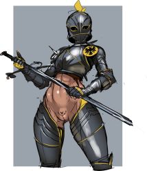 Rule 34 | 1girl, abs, armor, boots, bottomless, breastplate, cleft of venus, covered face, dark-skinned female, dark skin, female focus, female knight, gauntlets, helmet, highres, holy roman empire, knight, nisetanaka, original, plate armor, pubic hair, pussy, revealing clothes, sallet, shaped pubic hair, solo, sword, thigh boots, thighhighs, uncensored, weapon