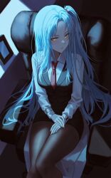 Rule 34 | 1girl, absurdres, angela (project moon), black pantyhose, black skirt, black vest, blue hair, closed mouth, collared shirt, commentary, eonyan (chaeyang), from above, glowing, glowing eyes, hashtag-only commentary, highres, indoors, lobotomy corporation, long hair, long sleeves, necktie, on chair, one side up, pantyhose, parted bangs, pencil skirt, project moon, red necktie, shirt, sitting, skirt, solo, very long hair, vest, white shirt, yellow eyes