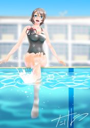 Rule 34 | 1girl, artist name, artist request, bare legs, bare shoulders, blue eyes, blurry, blurry background, blush, breasts, collarbone, competition swimsuit, feet, female focus, full body, goggles, grey hair, grey one-piece swimsuit, highres, horizon, kicking, light brown hair, looking at viewer, love live!, love live! school idol festival, love live! sunshine!!, medium breasts, one-piece swimsuit, parted lips, pool, short hair, smile, solo, swimsuit, taketonbo2010, watanabe you