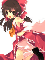 Rule 34 | 1girl, bloomers, blush, bow, brown hair, clothes lift, detached sleeves, dress, dress lift, female focus, hair bow, hair tubes, hakurei reimu, highres, japanese clothes, long hair, looking at viewer, miko, open mouth, simple background, smile, solo, touhou, underwear, white background, yumemomosaka