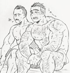 Rule 34 | &gt; &lt;, 2boys, arm hair, bara, billy russell (dickfish), blank stare, blush, chest hair, couple, dickfish (fishismdick), facial hair, feet out of frame, glasses, hairy, highres, john rottweil (dickfish), large pectorals, leg hair, male focus, mature male, multiple boys, muscular, muscular male, mustache, navel hair, nipples, original, pectorals, sauna, scan, short hair, sideburns, sitting, sketch, sweat, thick eyebrows, thighs, topless male, towel around waist, traditional media, undercut, yaoi
