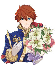 Rule 34 | 1boy, blue eyes, blue jacket, bouquet, commentary, commission, cropped torso, eliwood (fire emblem), eliwood (valentine) (fire emblem), english commentary, fire emblem, fire emblem: the blazing blade, fire emblem heroes, flower, gloves, highres, holding, holding bouquet, jacket, looking at viewer, male focus, nintendo, official alternate costume, orange hair, short hair, sierra117renner, smile, solo, twitter username, upper body, white gloves